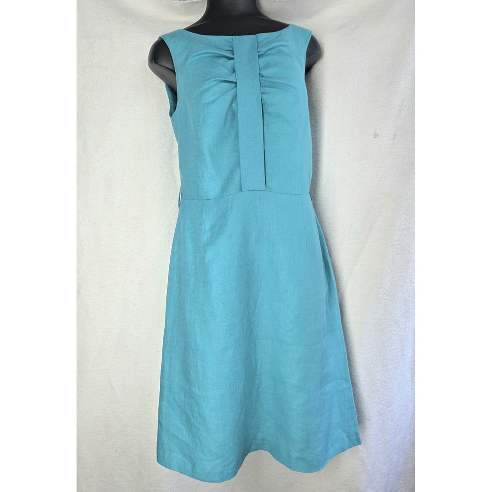 Laura Ashley Linen Blend Dress Womens 8 Blue‎ Sleeveless Lined Pleat Front Chic
